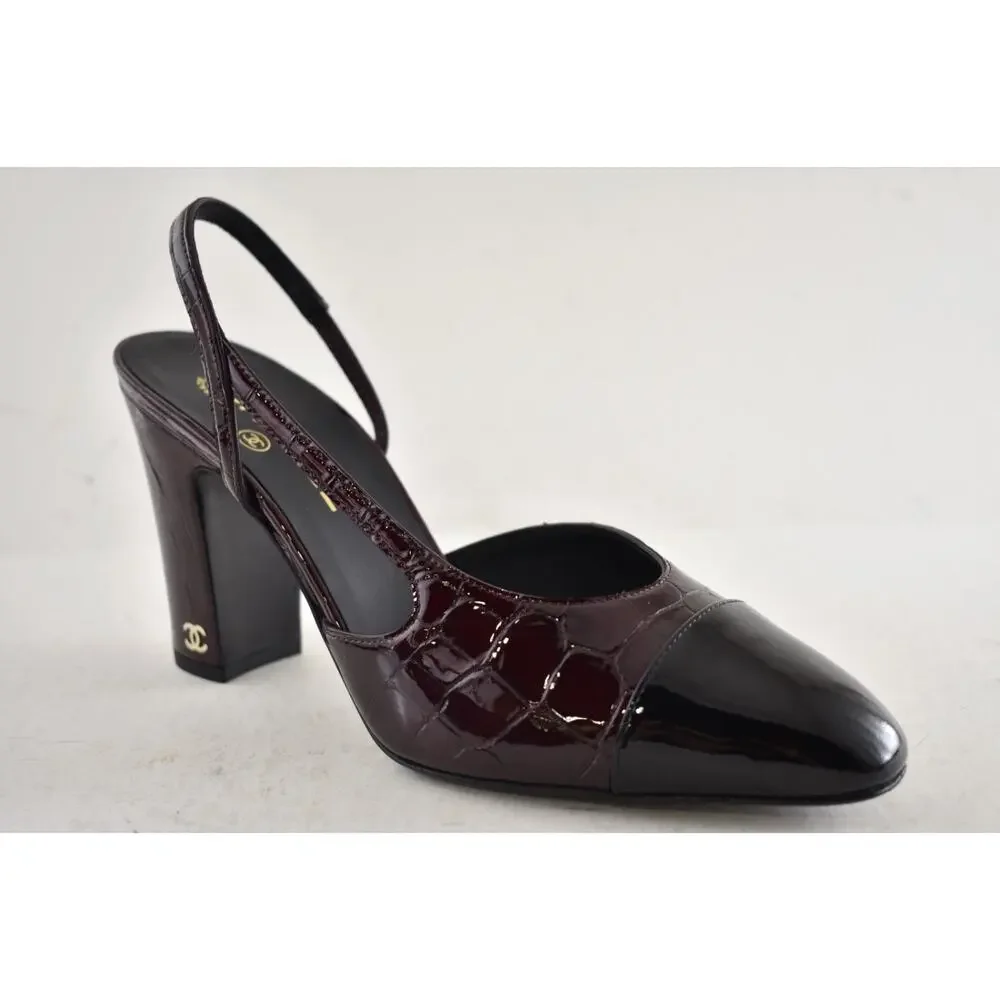 Chanel 26A Burgundy Black Crocodile Coco Sling Slingback Block Heel Pump 40c